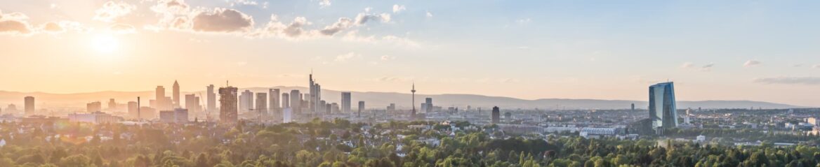 Panoramablick auf die Skyline einer Stadt bei Sonnenuntergang mit zahlreichen modernen Hochhäusern und einem hohen Fernsehturm in Hessen. Im Vordergrund ist eine üppige Grünfläche mit Bäumen zu sehen, während in der Ferne Berge eine malerische Kulisse unter einem Himmel mit vereinzelten Wolken bilden.