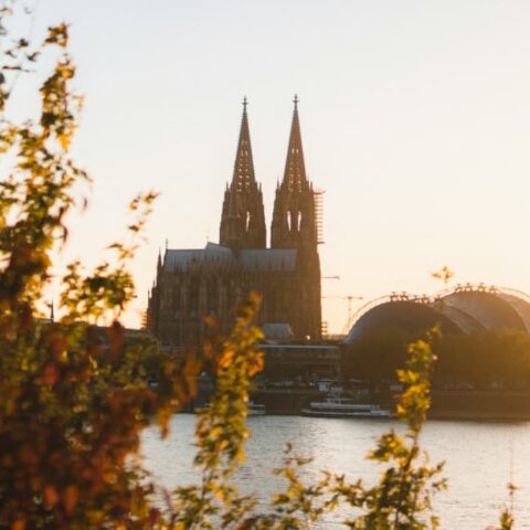 Köln im Sonnenuntergang. Der Kölner Dom mittig, links im Bild Sträucher am Rhein, welcher durch die Mitte des Bildes fließt. Rechts vom Kölner Dom sieht man den Musical Dome Köln.