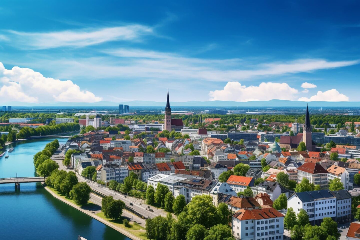 Eine malerische Luftaufnahme von Ingolstadt mit einem durchfließenden Fluss, umgeben von grünen Bäumen. Die Skyline zeigt historische Gebäude mit roten Ziegeldächern und markanten Kirchtürmen. Die Szene spielt unter einem strahlend blauen Himmel mit vereinzelten Wolken.