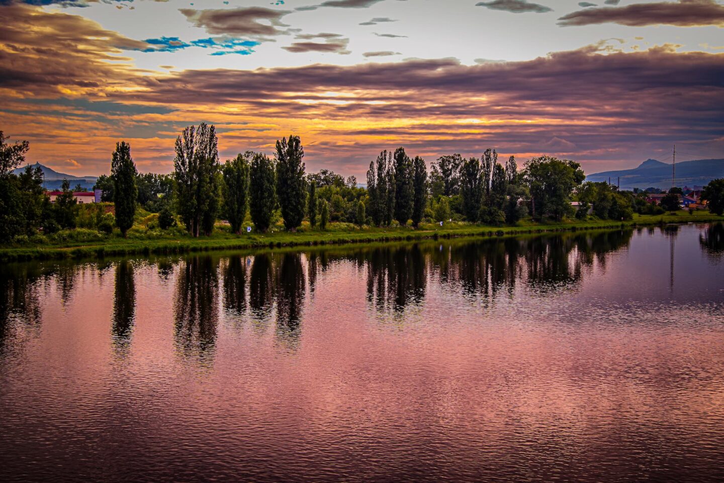 Eine ruhige Szene in Freiberg zeigt eine Reihe hoher Bäume, die sich bei Sonnenuntergang in einem ruhigen Fluss spiegeln. Der Himmel ist in Orange-, Rosa- und Lilatönen gefärbt, während Wolken dem Horizont Struktur verleihen. In der Ferne sind schwache Silhouetten von Bergen zu erkennen.