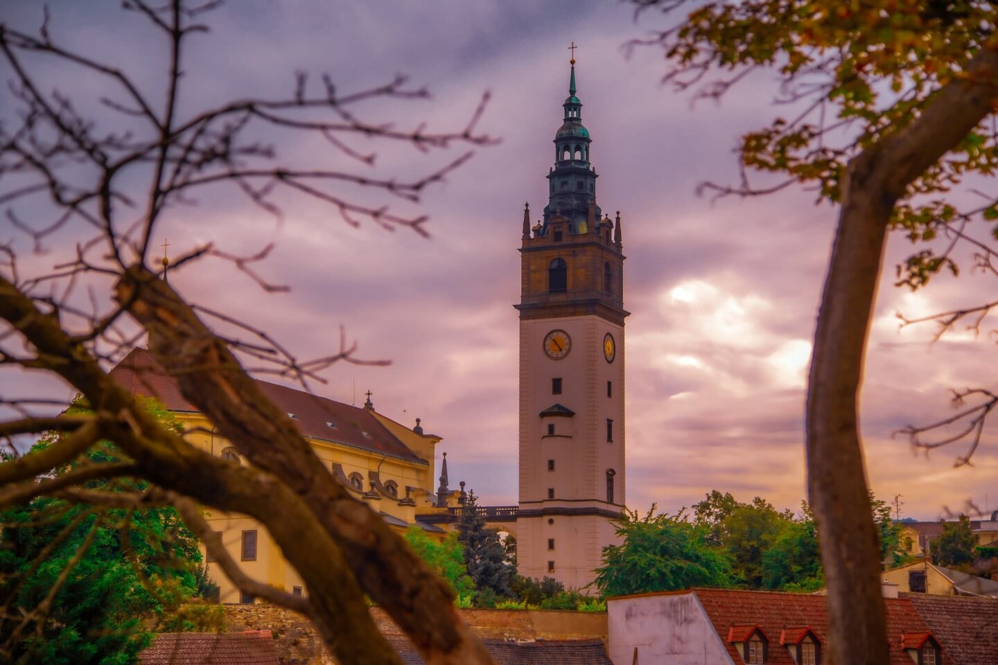 Ein hoher Uhrturm steht inmitten eines historischen Gebäudes in Freiberg, im Vordergrund eingerahmt von Ästen. Der Himmel ist in Pastelltönen gehalten und lässt entweder Morgen- oder Abenddämmerung erahnen. Mehrere Dächer und üppige grüne Bäume umgeben den Sockel des Turms.