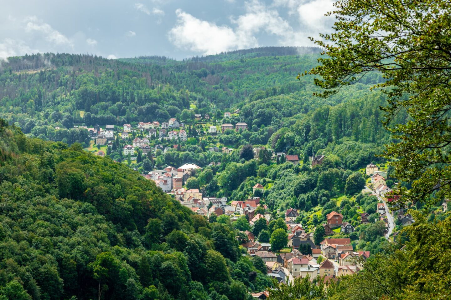 Ein malerisches, üppig grünes Tal mit der kleinen Stadt Wutha, eingebettet zwischen dichten Wäldern und sanften Hügeln. Die Häuser und Gebäude der Stadt mit den roten Dächern liegen verstreut entlang gewundener Straßen, umgeben von Bäumen und eingerahmt von fernen Bergen unter einem teilweise bewölkten Himmel.