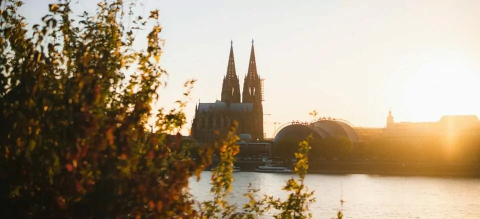 Köln im Sonnenuntergang. Der Kölner Dom mittig, links im Bild Sträucher am Rhein, welcher durch die Mitte des Bildes fließt. Rechts vom Kölner Dom sieht man den Musical Dome Köln.